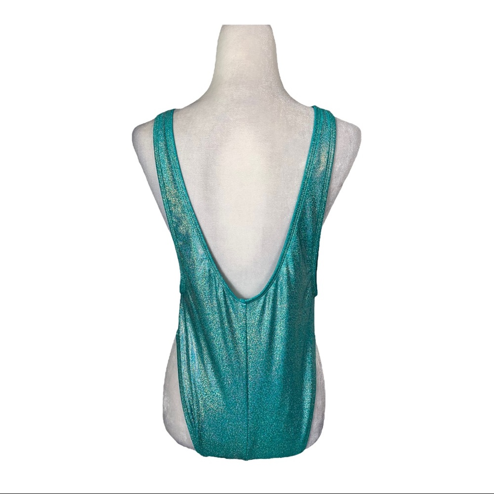 Dippin’ Daisy’s Glitter Sparkle Teal Blue High Leg One Piece Swimsuit - Picture 3 of 6